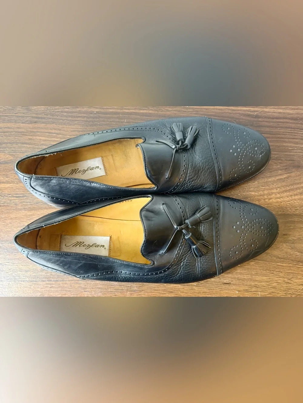 Mezlan Black Leather Tassel Loafers with Brogue Detailing 12 W